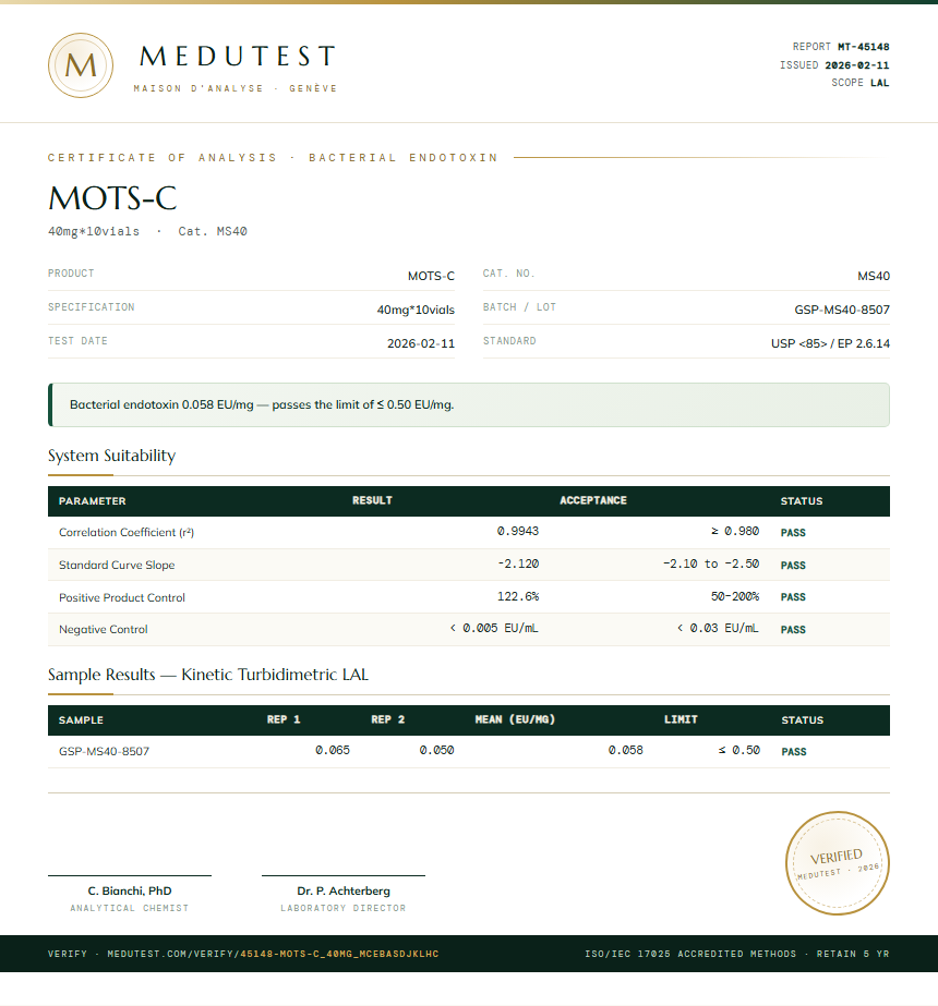 MOTS-C Endotoxin report by Medutest