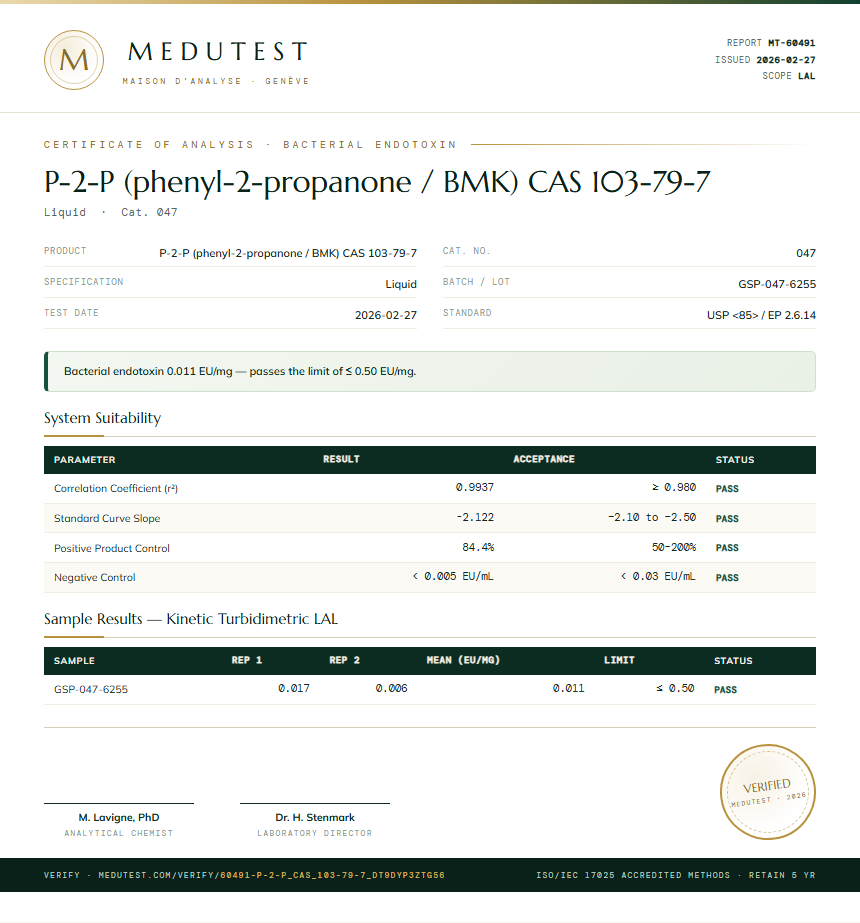 P-2-P (phenyl-2-propanone / BMK) CAS 103-79-7 Endotoxin report by Medutest