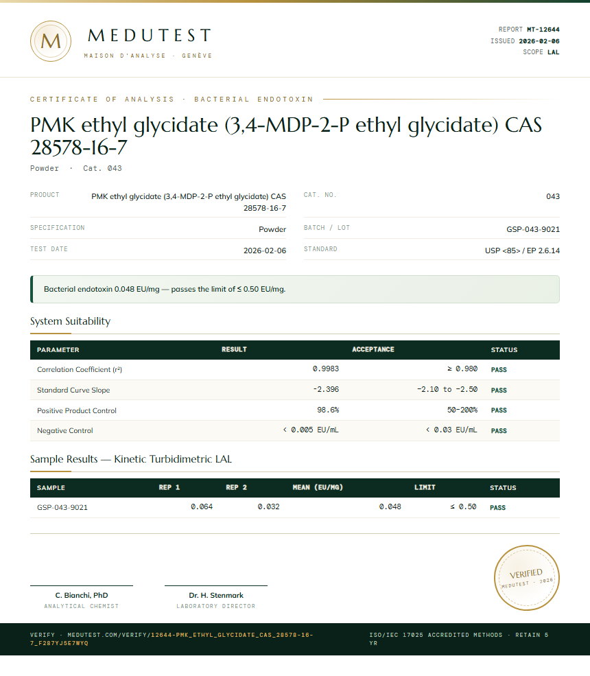 PMK ethyl glycidate (3,4-MDP-2-P ethyl glycidate) CAS 28578-16-7 Endotoxin report by Medutest