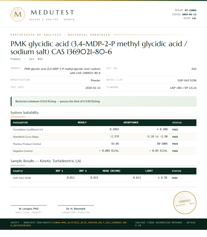PMK glycidic acid (3,4-MDP-2-P methyl glycidic acid / sodium salt) CAS 1369021-80-6 Endotoxin report by Medutest