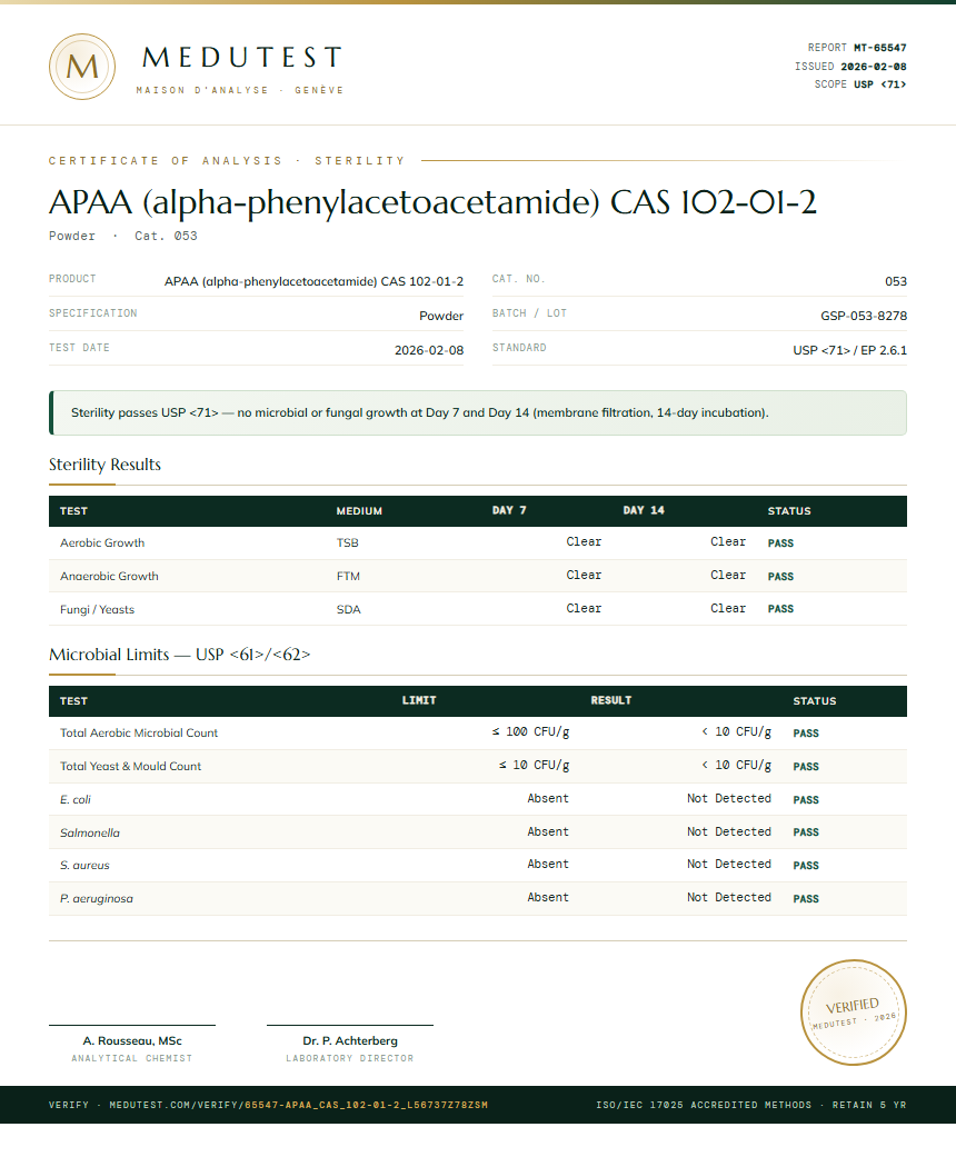 APAA (alpha-phenylacetoacetamide) CAS 102-01-2 Sterility report by Medutest