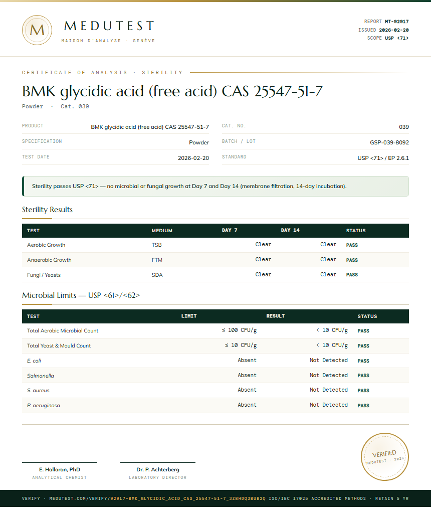 BMK glycidic acid (free acid) CAS 25547-51-7 Sterility report by Medutest