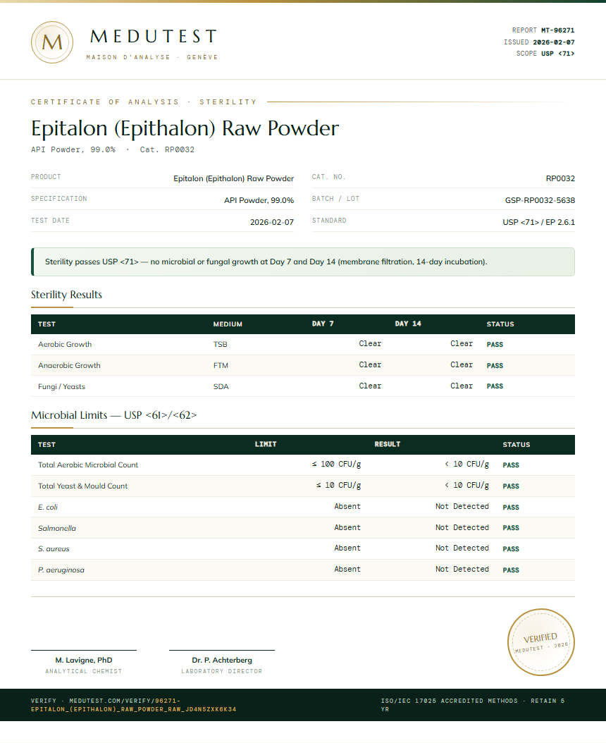 Epitalon (Epithalon) Raw Powder Sterility report by Medutest