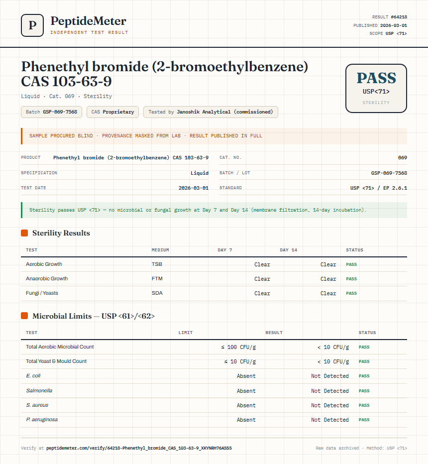 Phenethyl bromide (2-bromoethylbenzene) CAS 103-63-9 Sterility report by PeptideMeter