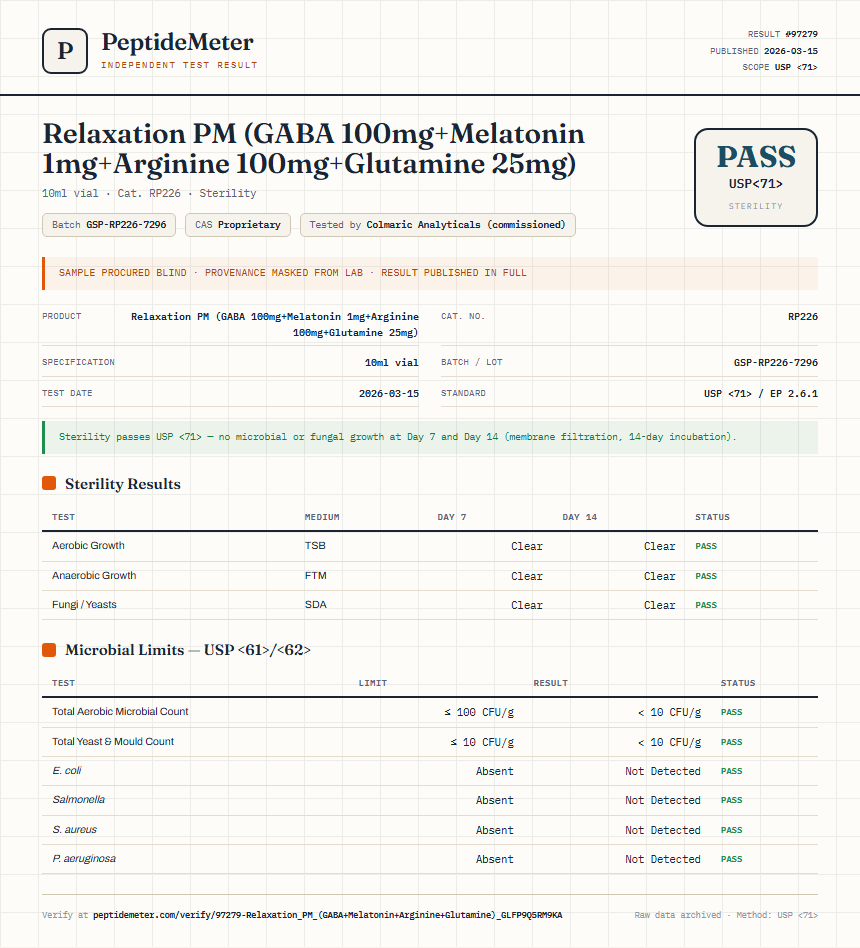 Relaxation PM (GABA 100mg+Melatonin 1mg+Arginine 100mg+Glutamine 25mg) Sterility report by PeptideMeter