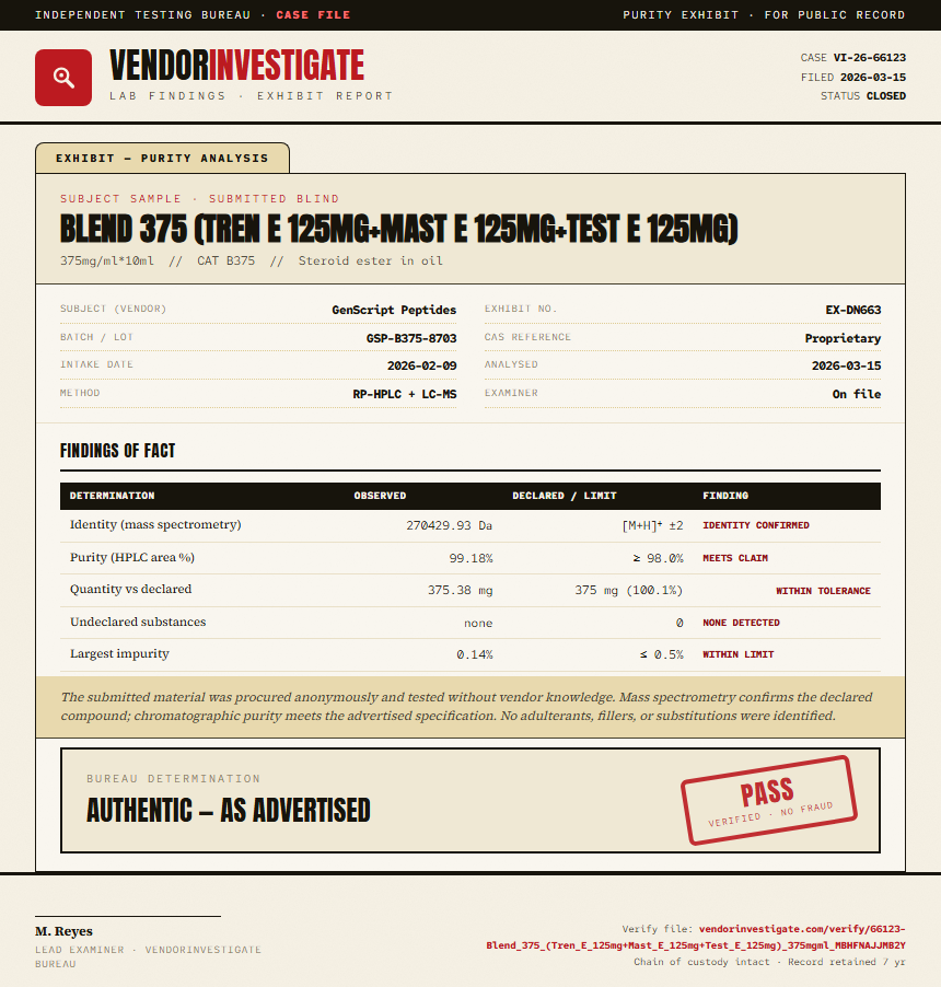 Blend 375 (Tren E 125mg+Mast E 125mg+Test E 125mg) Purity (HPLC) report by VendorInvestigate