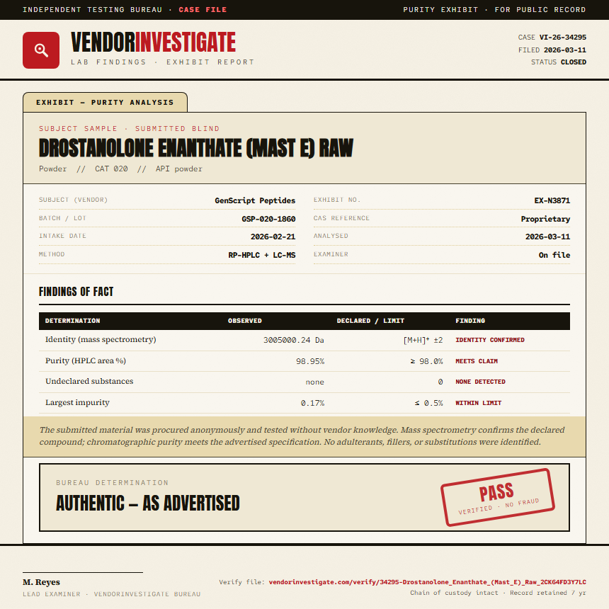 Drostanolone Enanthate (Mast E) Raw Purity (HPLC) report by VendorInvestigate
