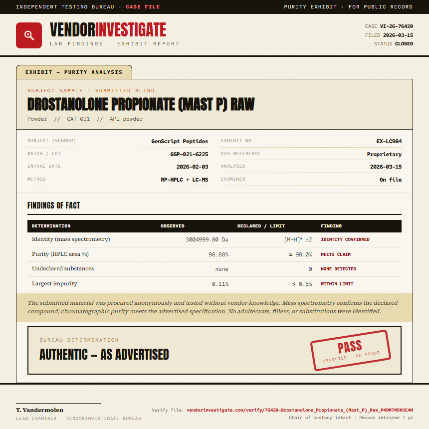 Drostanolone Propionate (Mast P) Raw Purity (HPLC) report by VendorInvestigate
