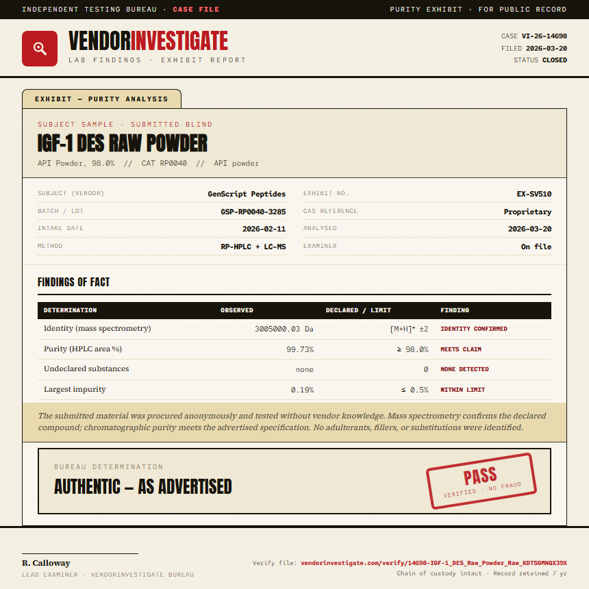 IGF-1 DES Raw Powder Purity (HPLC) report by VendorInvestigate