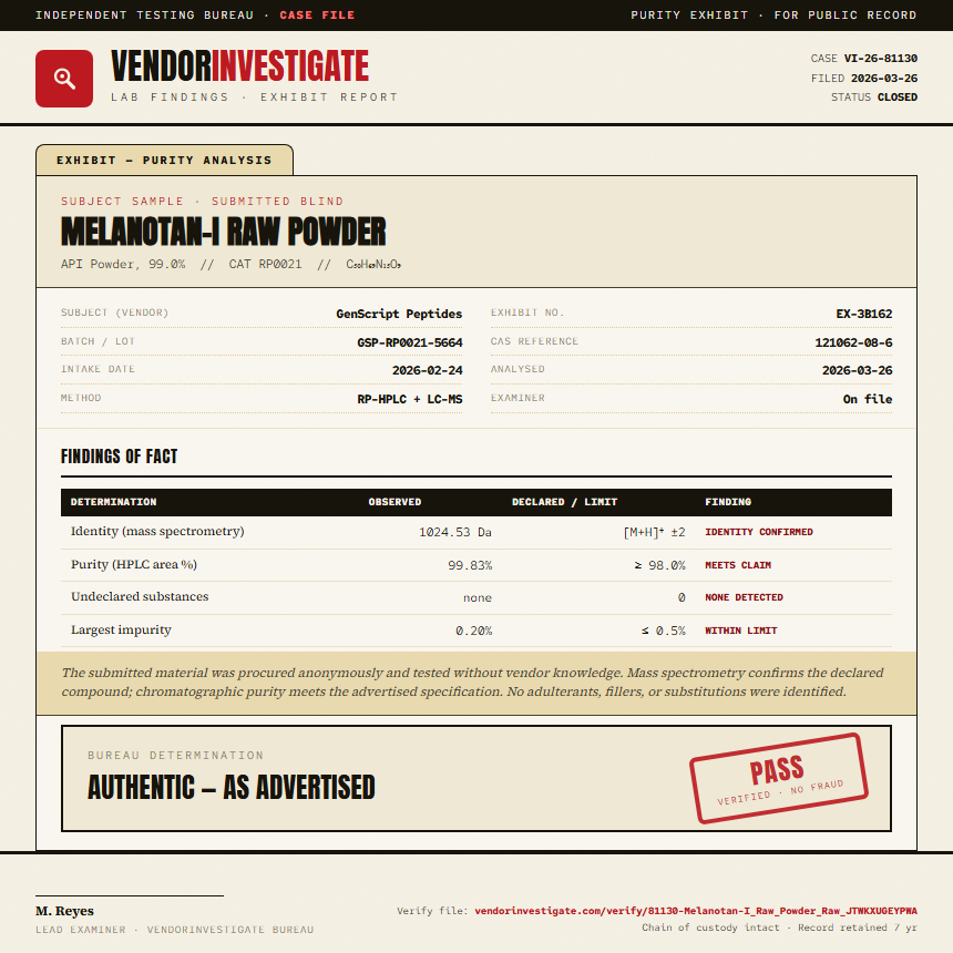 Melanotan-I Raw Powder Purity (HPLC) report by VendorInvestigate