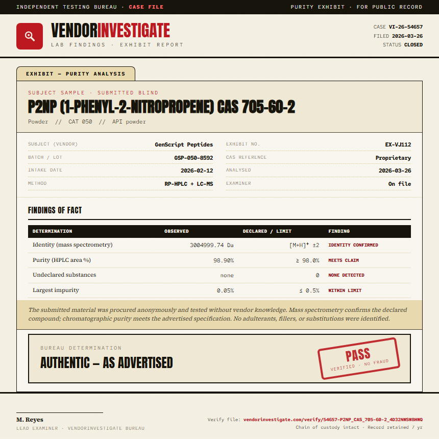 P2NP (1-phenyl-2-nitropropene) CAS 705-60-2 Purity (HPLC) report by VendorInvestigate