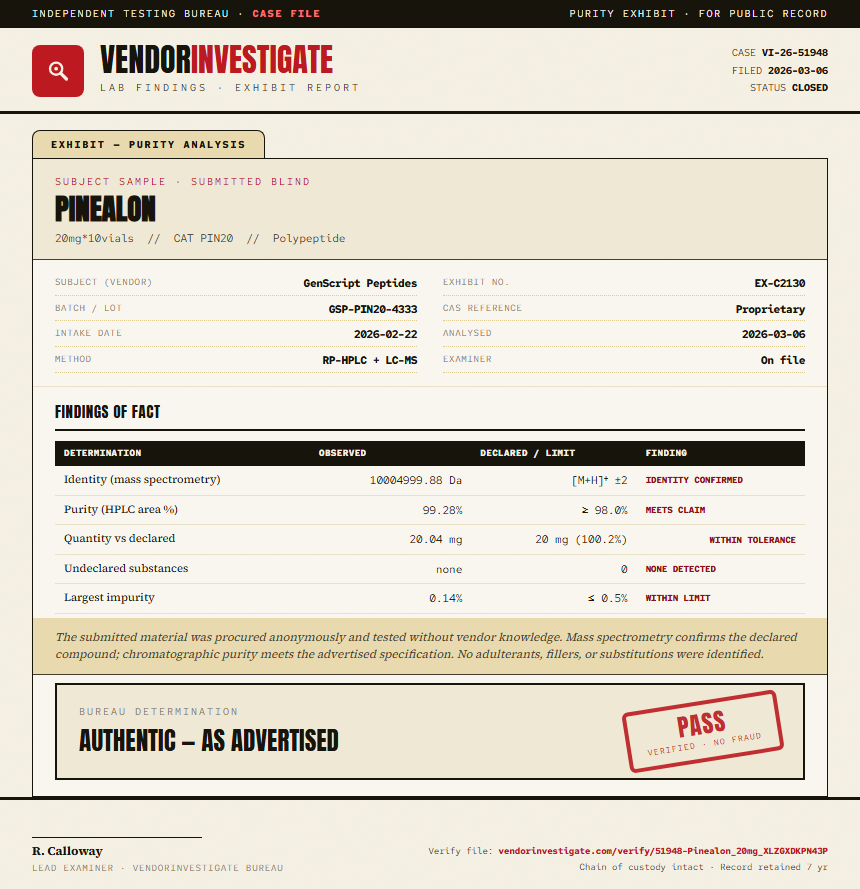 Pinealon Purity (HPLC) report by VendorInvestigate