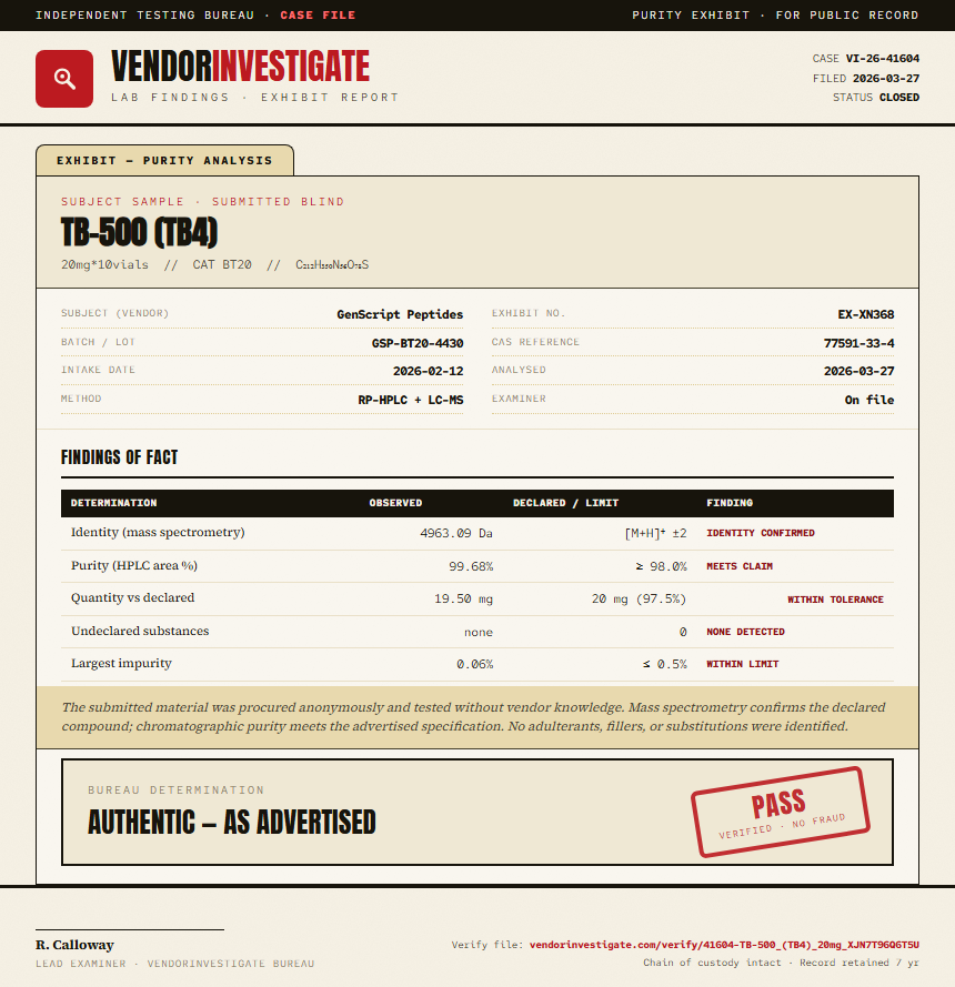 TB-500 (TB4) Purity (HPLC) report by VendorInvestigate