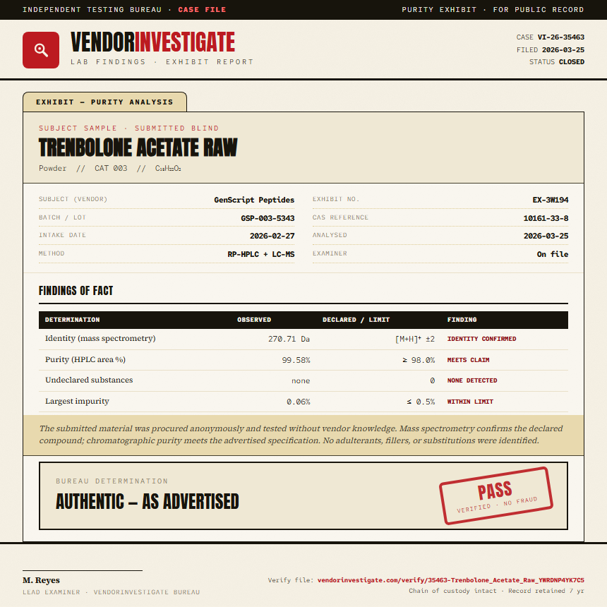 Trenbolone Acetate Raw Purity (HPLC) report by VendorInvestigate
