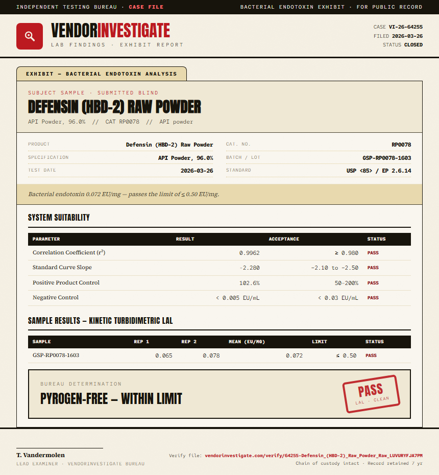 Defensin (HBD-2) Raw Powder Endotoxin report by VendorInvestigate
