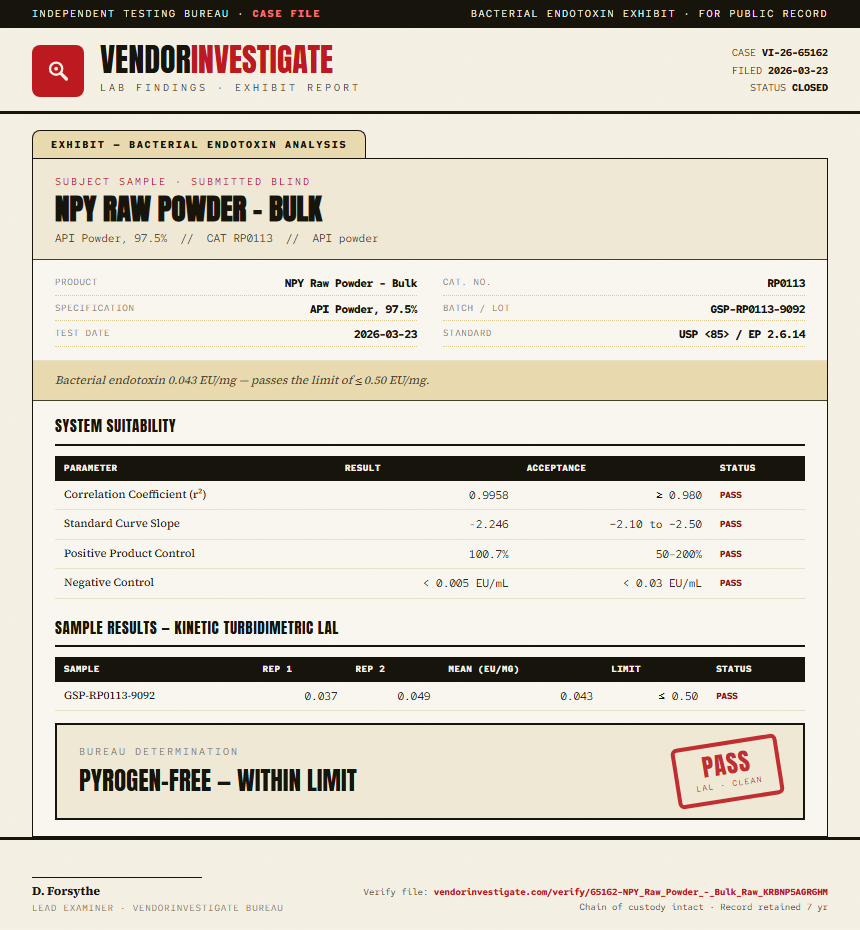 NPY Raw Powder - Bulk Endotoxin report by VendorInvestigate