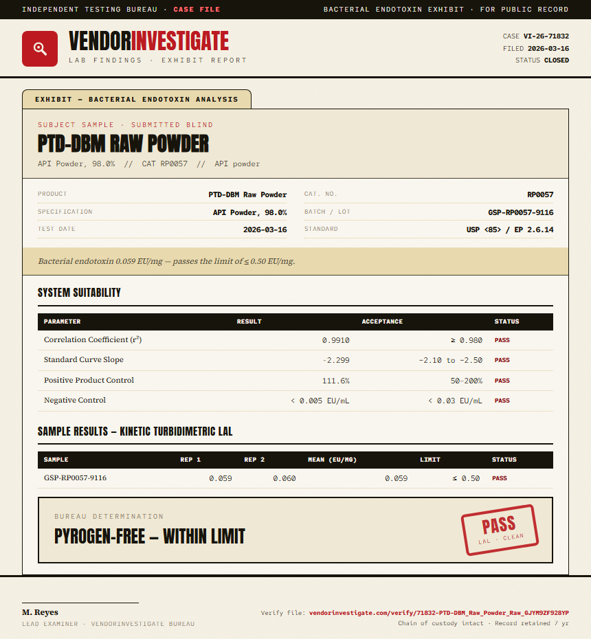 PTD-DBM Raw Powder Endotoxin report by VendorInvestigate