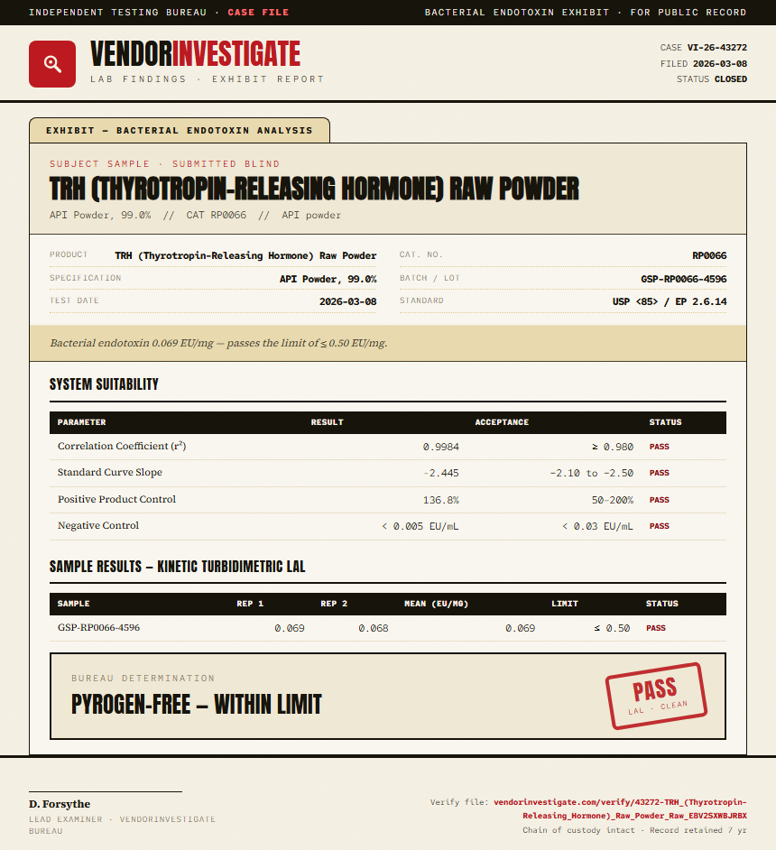 TRH (Thyrotropin-Releasing Hormone) Raw Powder Endotoxin report by VendorInvestigate