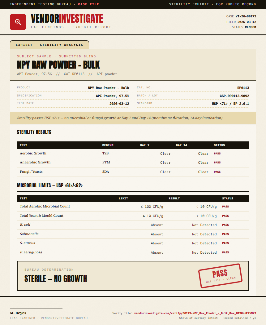 NPY Raw Powder - Bulk Sterility report by VendorInvestigate