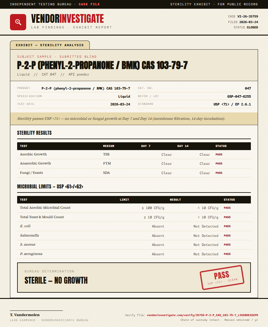 P-2-P (phenyl-2-propanone / BMK) CAS 103-79-7 Sterility report by VendorInvestigate